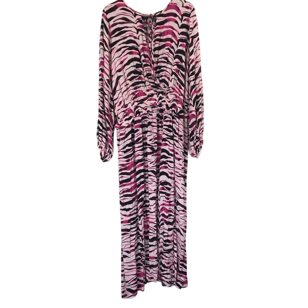Eloquii Elements Suplice Bodice Cinch Waist Pink Zebra Print Flowy Maxi Dress